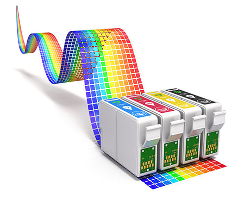 desktop ink cartridges printing a rainbow of color
